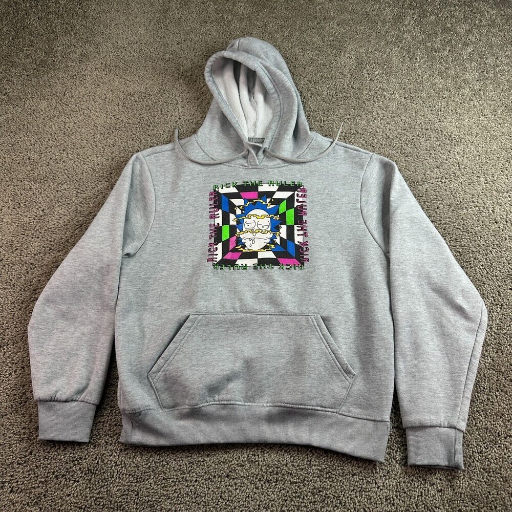 Rick & Morty Hoodie Womens Large Gray Green Rick The Ruler Sweatshirt FLAW